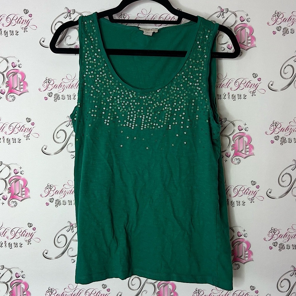 Ann Taylor LOFT tank top sequins Green Sleeveless Top with Embellishments